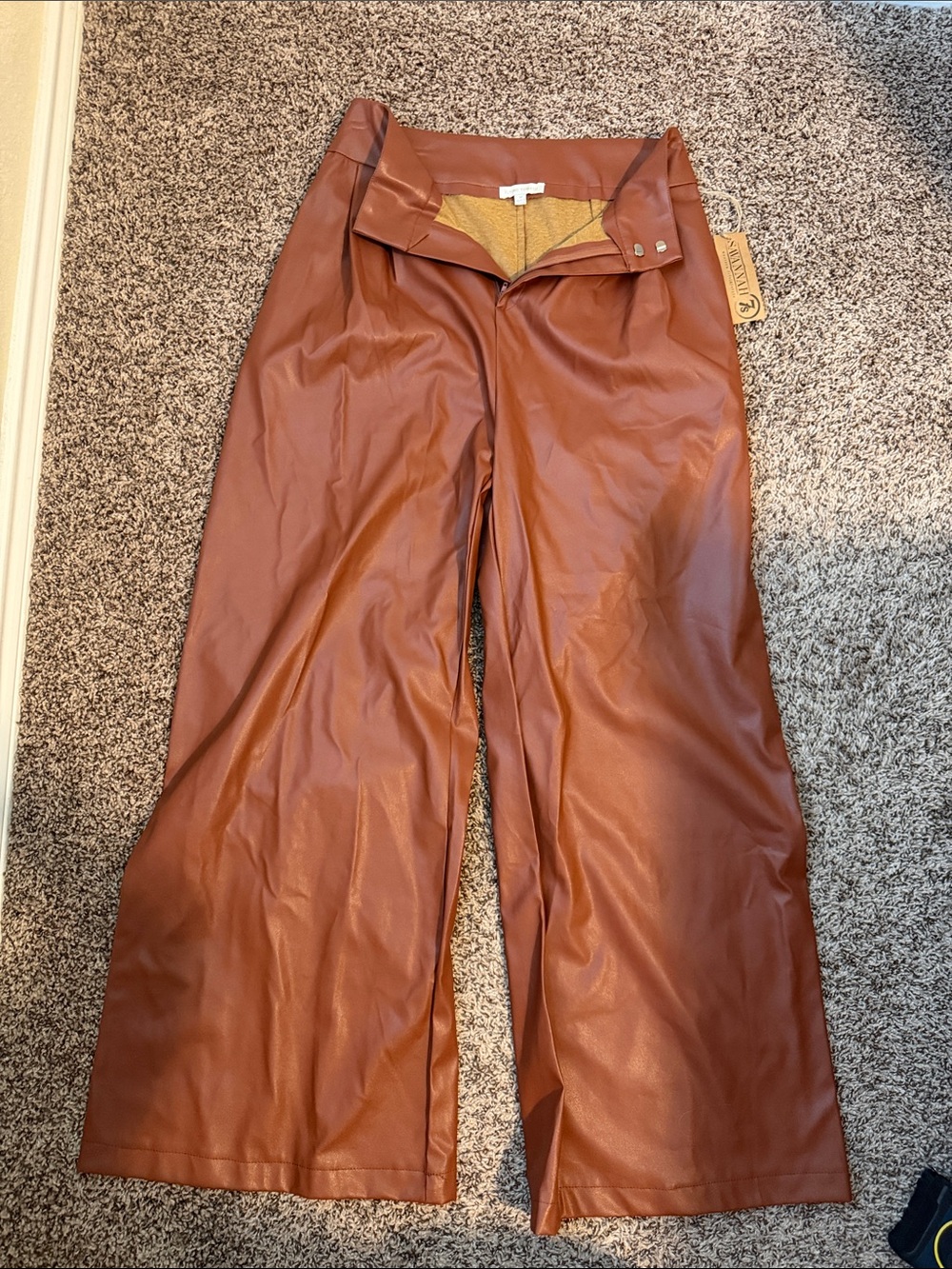 Flying Tomato Wide-Leg Faux Leather Pants in Cognac Brown
